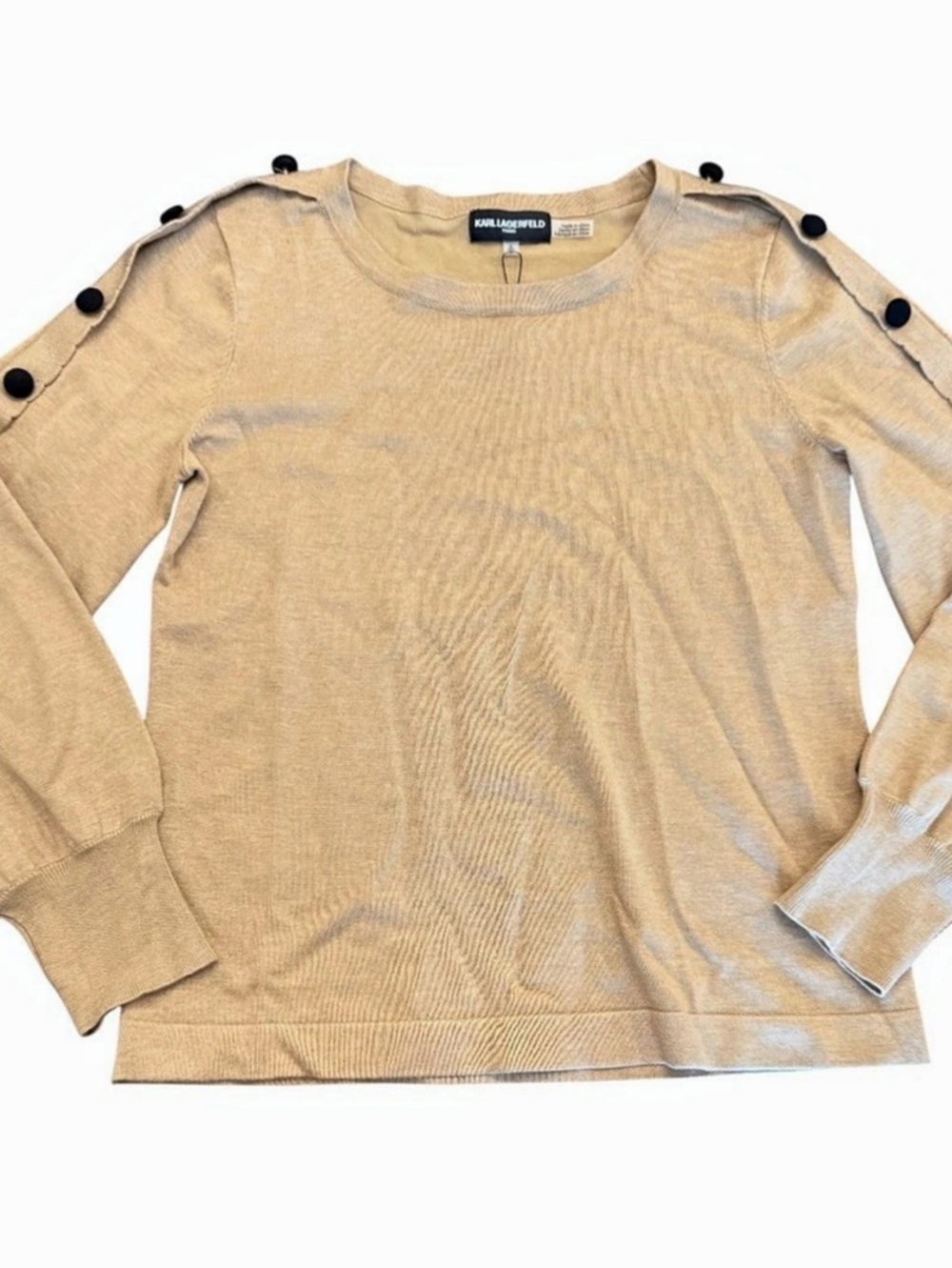 Karl Lagerfeld Womens Knit Sweater Small Beige Scoop Neck Puff Sleeve Buttons